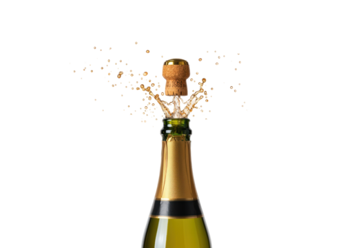 Isolated champagne bottle uncorking with splash on neutral surface at eye level view