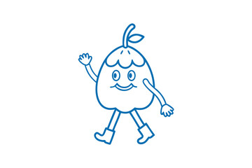 Cheerful cartoon fruit character waves while walking with boots in the blue outline