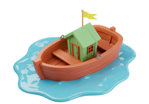 Isolated stylized cartoon wooden boat with cabin and flag floating on water surface
