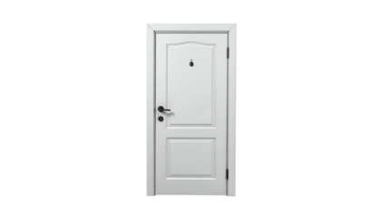 White door with dark hardware, peephole, against black background
