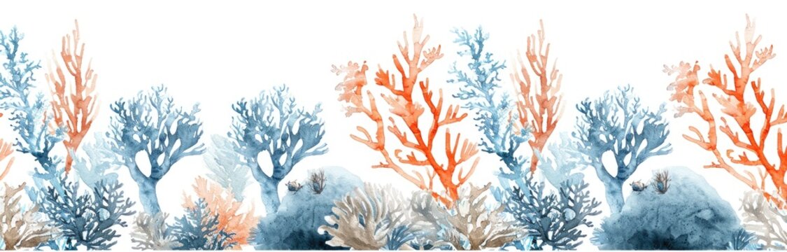 Watercolor coral reef border, no background. Good for summer themed ads