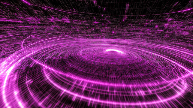 Futuristic purple vortex with laser-style lines spiraling inward, creating deep spatial illusion and sci-fi atmosphere. Abstract energy swirl ideal for concept design with copy space.
