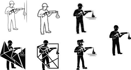 Flat vector, construction worker with paint sprayer, industrial coating, manual labor, safety helmet, craftsmanship, building repair, surface treatment, illustration