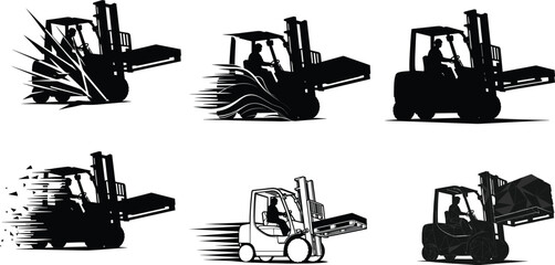 Flat vector, forklift in motion, industrial vehicle silhouettes, logistics equipment, warehouse work, construction safety, material handling, transportation, engineering, illustration © stock i