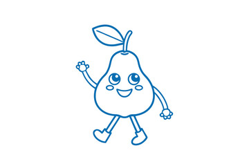 Blue outline pear mascot is walking and waving happily on a white background