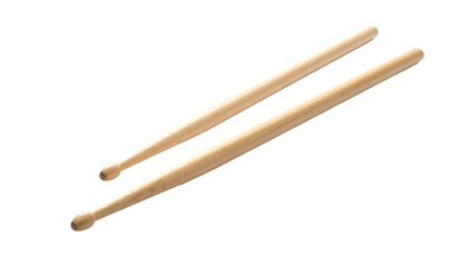 Pair of wooden drumsticks, tan, angled, on black background
