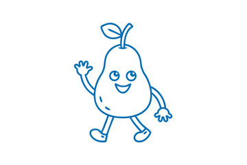 Charming pear character walks and waves hello, outlined in simple blue on white background