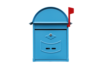 Isolated Blue Mailbox with Red Flag Raised, Traditional American Design for Deliveries