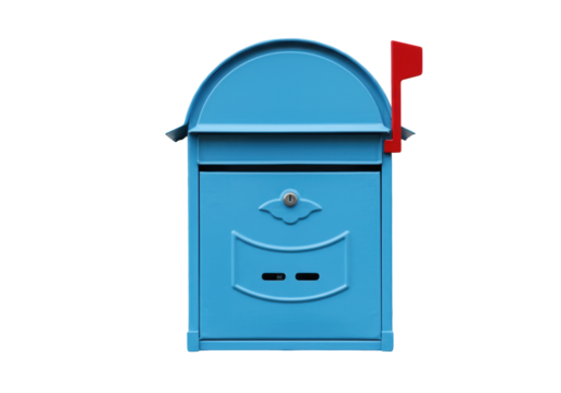 Isolated Blue Mailbox with Red Flag Raised, Traditional American Design for Deliveries - Powered by Adobe