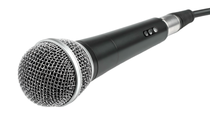 Black handheld microphone with silver grill against a dark backdrop