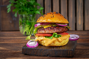 Beef hamburger. Sandwich with beef burger, tomatoes, cheese, pickled cucumber, red onions and ketchup. Cheeseburger