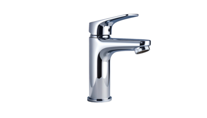Polished chrome single-handle bathroom faucet against black