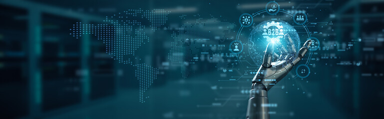 Hand of robot hold digital interface B2B business concept, global trade connection automation,...