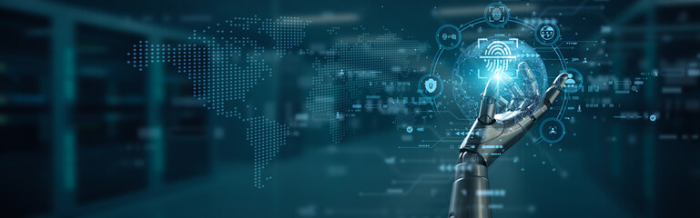 Hand of robot hold fingerprint scanner biometric concept, identity recognition security connection,...
