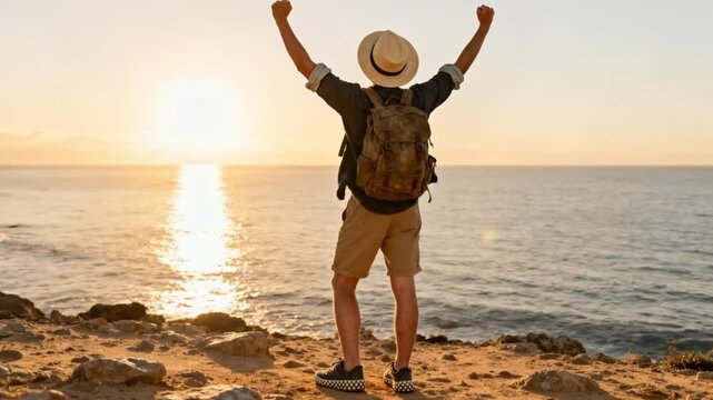 Caucasian traveler with arms open on beach at sunset