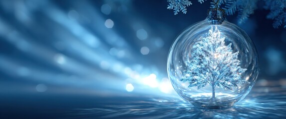 abstract glass christmas ornament with a tree inside, set against a blue background with snowflakes and glowing light rays. 