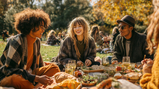 Diverse group of friends, including multiracial individuals, happily enjoying an outdoor autumn picnic, celebrating friendship and the beauty of nature in a sustainable and diverse setting.
