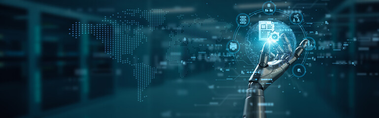 Hand of robot hold digital folder document management concept, data organization automation connection, secure file system innovation workflow efficiency intelligent archiving technology.