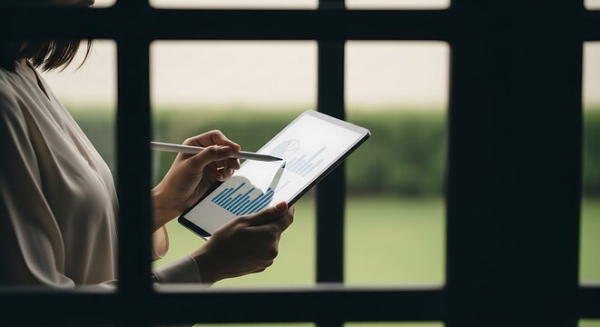 Woman analyzing financial data on a tablet with a stylus.