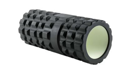 Textured, black foam roller against a dark background