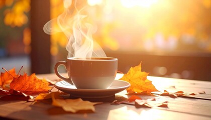 秋の陽だまりと湯気立つコーヒーカップ　generative ai