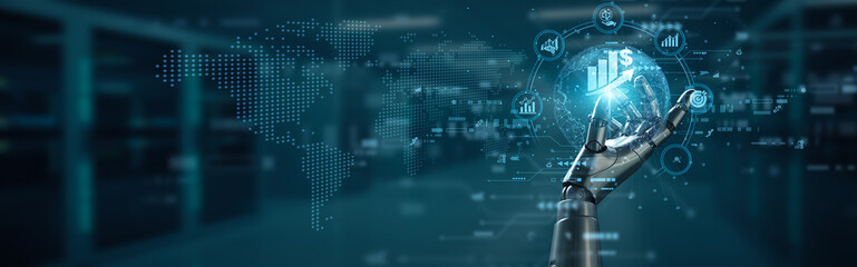 Hand of robot hold growth chart increase sales concept, business analytics automation connection,...