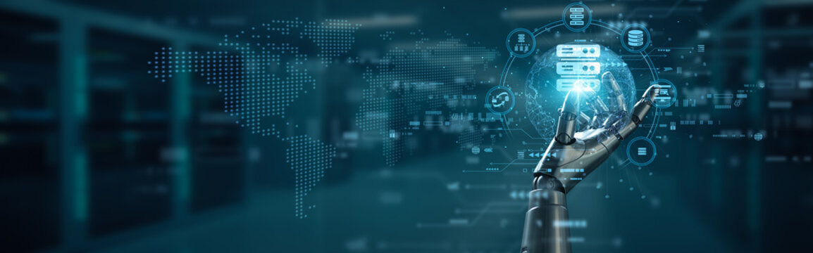 Hand of robot hold server rack hosting concept, data storage automation connection, digital cloud system innovation website infrastructure intelligent network management.