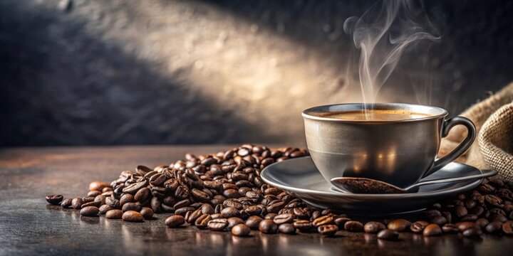 Aromatic Coffee Cup with Steaming Brew and Roasted Beans on Dark Surface