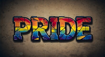 Rainbow Pride Text with Abstract Shattered Pattern on Textured Grunge Background