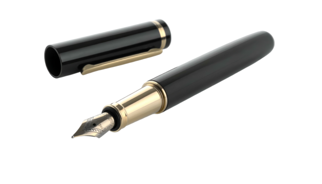 Elegant black fountain pen with gold accents and separated cap - Powered by Adobe