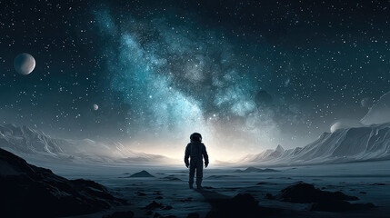 Fototapeta premium Astronaut standing on cold snowy winter planet concept. An astronaut gazing at a stunning cosmic landscape.