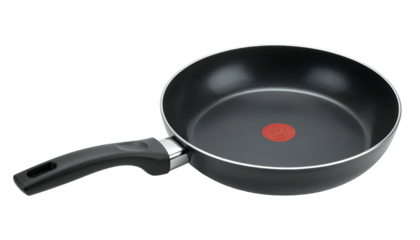 Black nonstick frying pan with red center indicator and handle