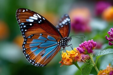 Fototapeta premium Butterfly with blue and orange wings on flower