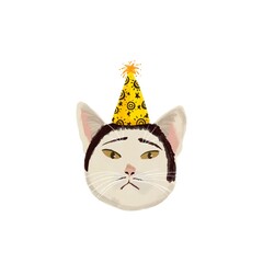 Cat face with party hat illustration on white background