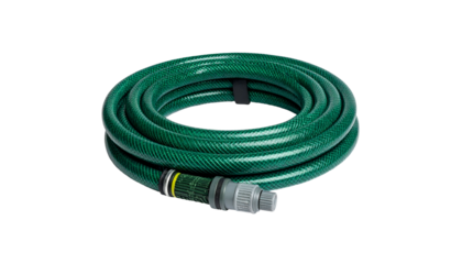 Coiled green garden hose, gray nozzle end, isolated object