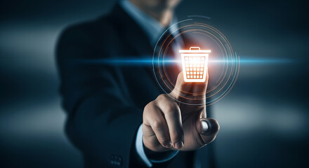 A person's finger touches a digital trash can icon, symbolizing data deletion and waste management in a modern, tech-driven environment.