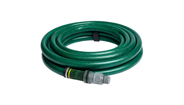 Coiled green garden hose, gray nozzle end, isolated object