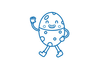 A cheerful walking cartoon egg with dots and a friendly wave is smiling