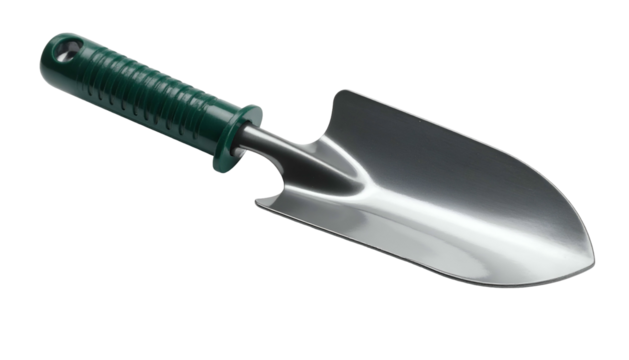 Shiny, small gardening trowel with a green grip on a black background