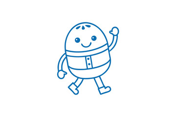 Cheerful blue cartoon egg person waves while walking on a white background