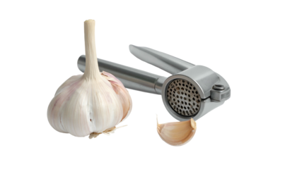 Garlic bulb, clove, and crusher against black background