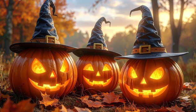 Generated imagA whimsical Halloween forest scene with carved jack-o'-lanterns wearing witch hats, surrounded by autumn trees and warm sunlight.e