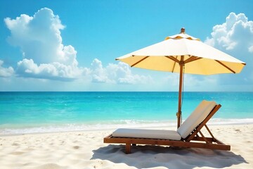Obraz premium Sunny Beach Relaxation Stylish Umbrella Shade over Comfortable Beach Chair