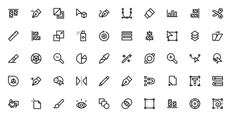 Vector editing tools icon set. Minimal linear icons ack for design software. Icludes anchor point, pen tol, layers, brush, selectin, transformation, alignmet and more. Editable vecto stroke.