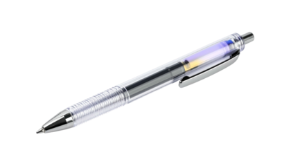 Retractable ballpoint pen, clear plastic body, black ink visible