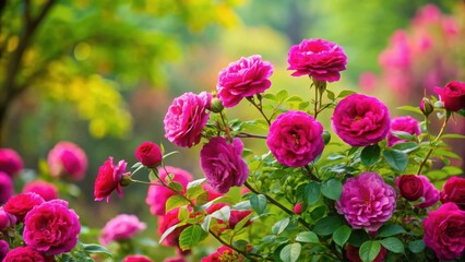 Vibrant Pink Roses in Full Bloom, a Lush Garden Display of Delicate Petals and Green Foliage, a Breathtaking Floral Scene