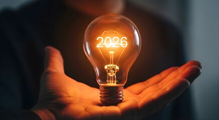 Hand holding a glowing light bulb, representing a bright idea, innovation, and creative energy