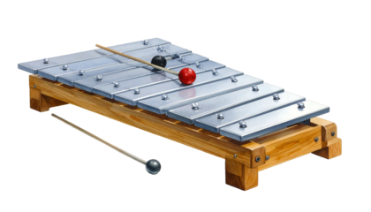Xylophone. Silver bars rest on wooden frame with red, black mallets