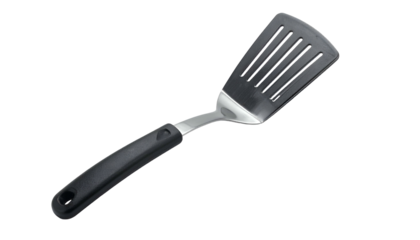 Slotted black spatula with metal handle and black grip, angled