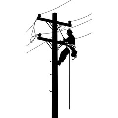 A silhouette of an electrician working on a utility pole, performing maintenance on power lines, ensuring reliable electricity supply.